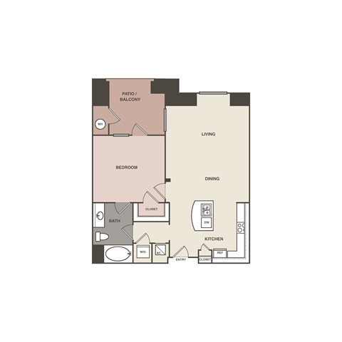 Floor plan for 1 bed, 1 bath, 789 sqft